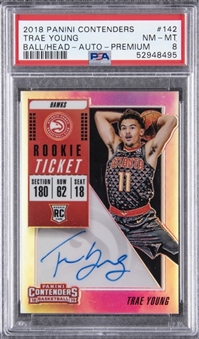2018-19 Panini Contenders 142 Trae Young, Ball Behind Head Signed Rookie Card - PSA NM-MT 8